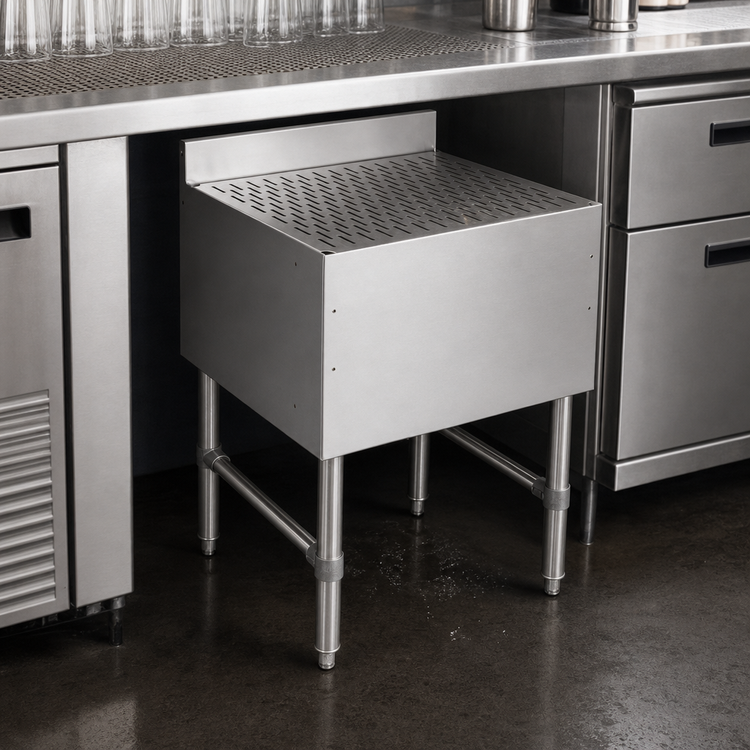 Product image #3 for John Boos Freestanding Stainless Steel Underbar Drainboard, 18 x 21 Inches, Top Drain, Removable Insert, 3-Inch Backsplash