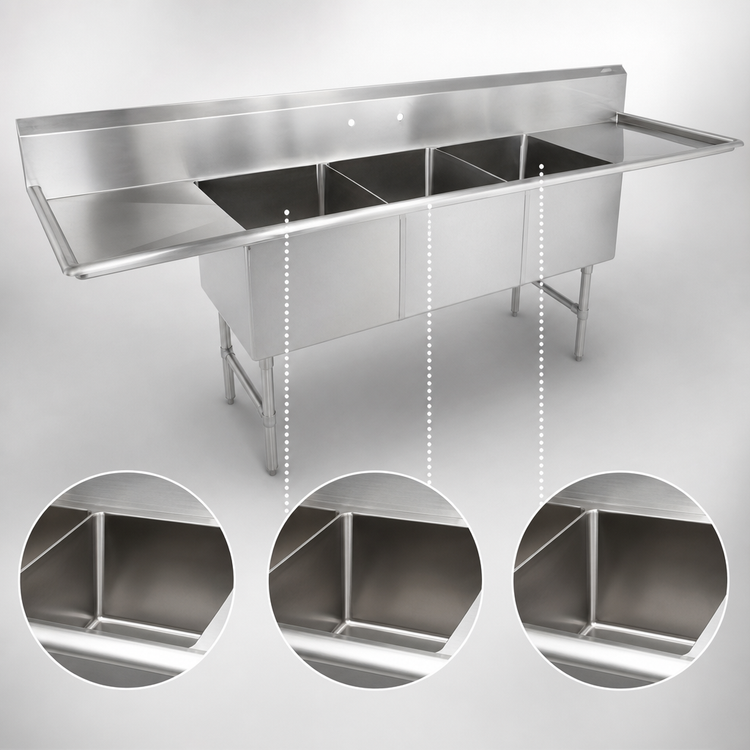 Product image #3 for John Boos B Series 3-Compartment Floor Model Stainless Steel Sink with Left and Right Drainboards, 111-1/4 Inch Wide