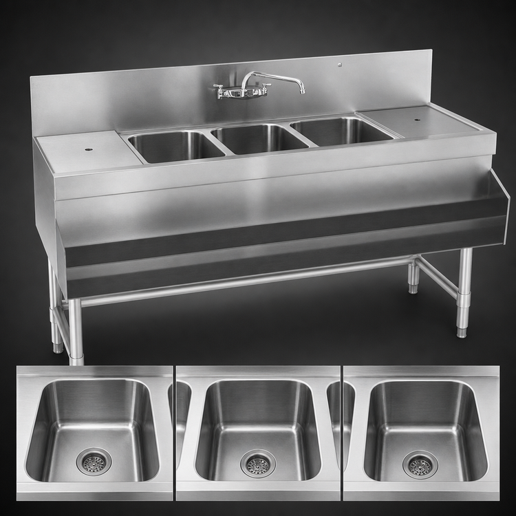 Product image #3 for Spec-Bar Three-Compartment Stainless Steel Underbar Sink Unit with Left Drainboard, 66-Inch Wide