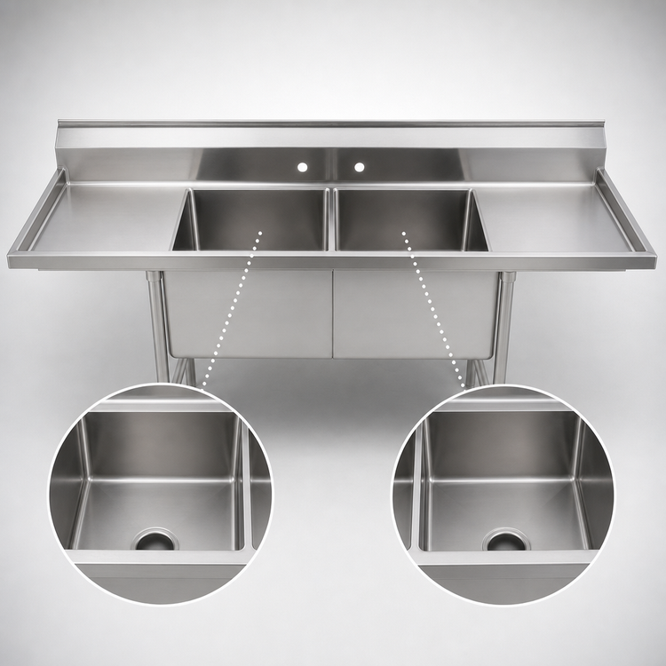 Product image #3 for Advance Tabco Special Value Series 2-Compartment Sink with Left and Right Drainboards, 24 x 24 x 14-Inch Bowls, 304 Stainless Steel
