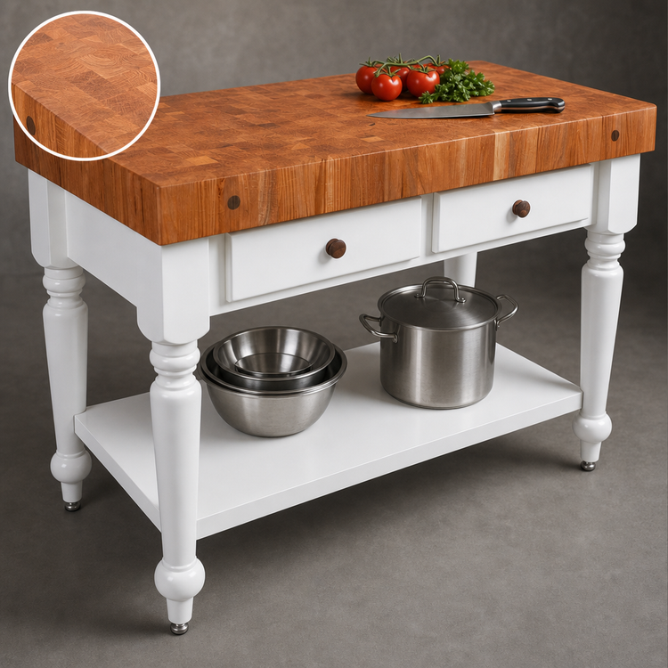 Product image #3 for American Heritage Rustica 48" x 24" End Grain Cherry Butcher Block Work Table with Lower Shelf and 2 Drawers