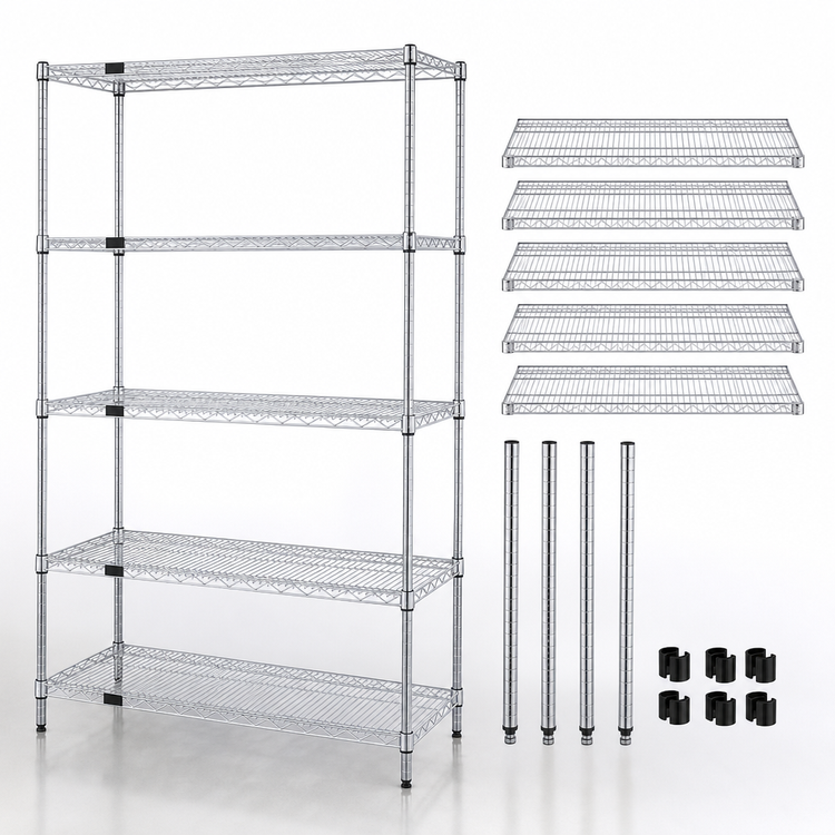 Product image #3 for Quantum Wire Shelving Starter Kit, 48"W x 36"D x 63"H, 5 Shelves, Chrome Plated
