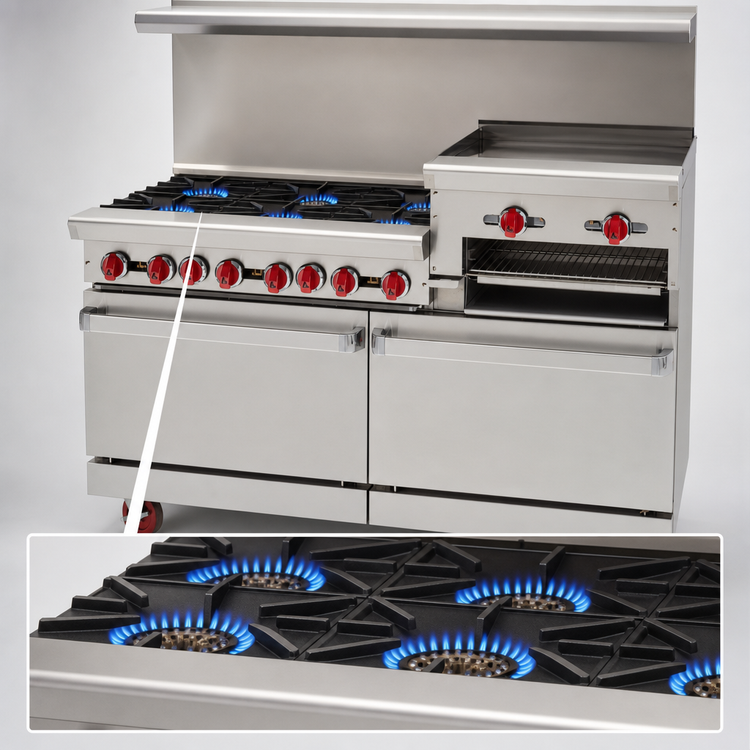 Product image #3 for American Range 60-Inch Gas Restaurant Range with 4 Open Burners, 36-Inch Raised Griddle/Broiler, and Double Storage Base Cabinets