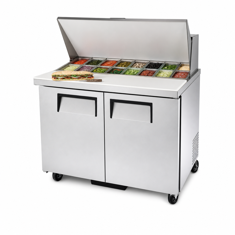 Product image #3 for True 36-Inch Mega Top 2-Door Sandwich/Salad Prep Table with 12-Pan Rail and Rear-Mounted Self-Contained Refrigeration