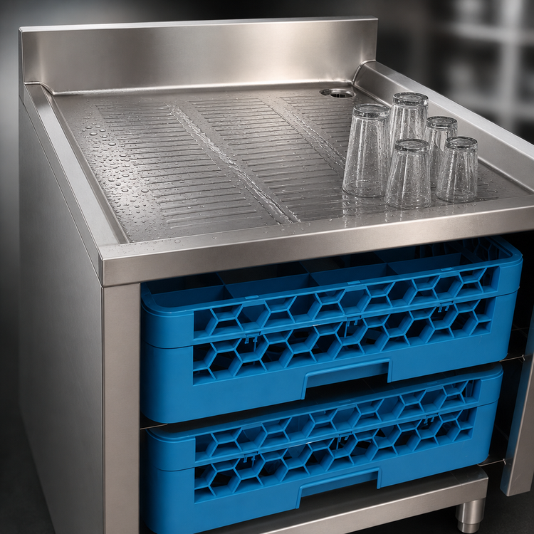 Product image #3 for BK Resources Stainless Steel Underbar Glass Rack Unit with Drainboard Top, Open Front Base, and Adjustable Rack Slides