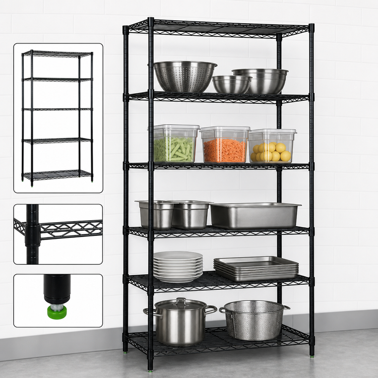 Product image #3 for Quantum 24 x 24 x 74 Inch Black Epoxy Antimicrobial Wire Shelving Starter Kit with 5 Shelves