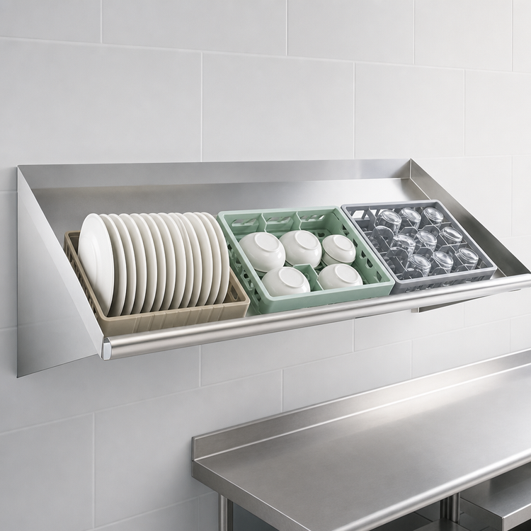 Product image #3 for Wall-Mounted Slanted Dish Rack Shelf, 72 Inch x 22-1/2 Inch x 14-1/4 Inch, 404 Stainless Steel