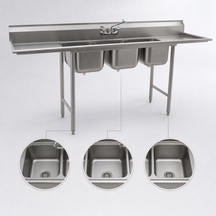 Product image #3 for Eagle Group 412 Series Three-Compartment Sink with Right Drainboard, 74-5/8"W x 27-1/2"D, 430 Stainless Steel