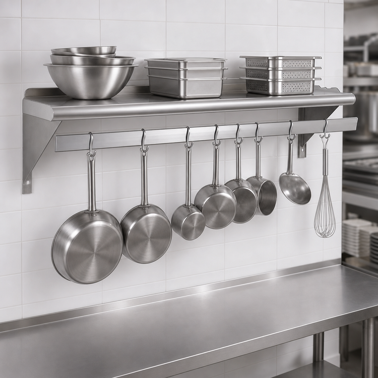 Product image #3 for Advance Tabco Wall-Mounted Shelf with Pot Rack, 144"W x 12"D, 18/430 Stainless Steel
