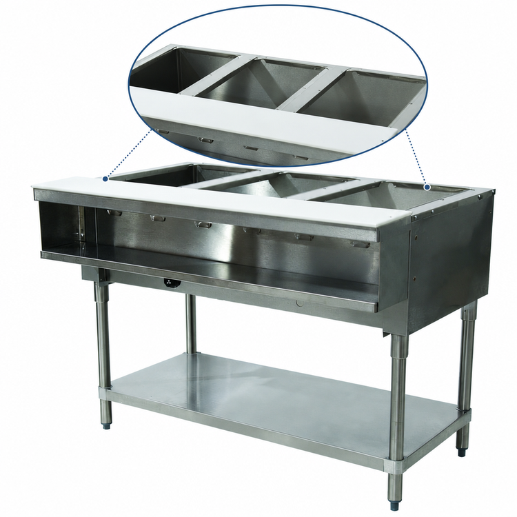 Product image #3 for Advance Tabco Triumph Supreme 3-Well Propane Water Bath Hot Food Table with Poly Cutting Board and Undershelf