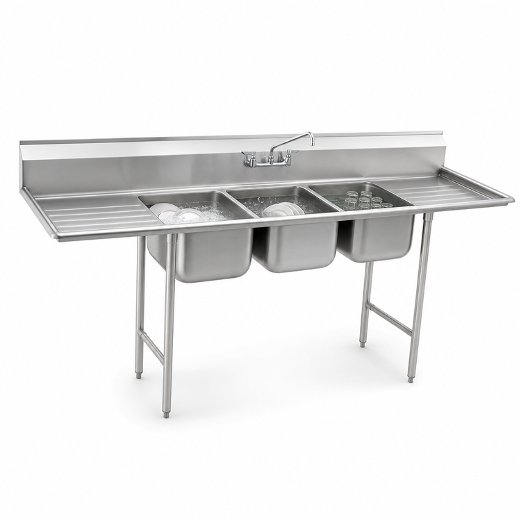 Product image #3 for Eagle Group 412 Series Three-Compartment Floor Model Sink with Dual Drainboards, 90-Inch, 430 Stainless Steel