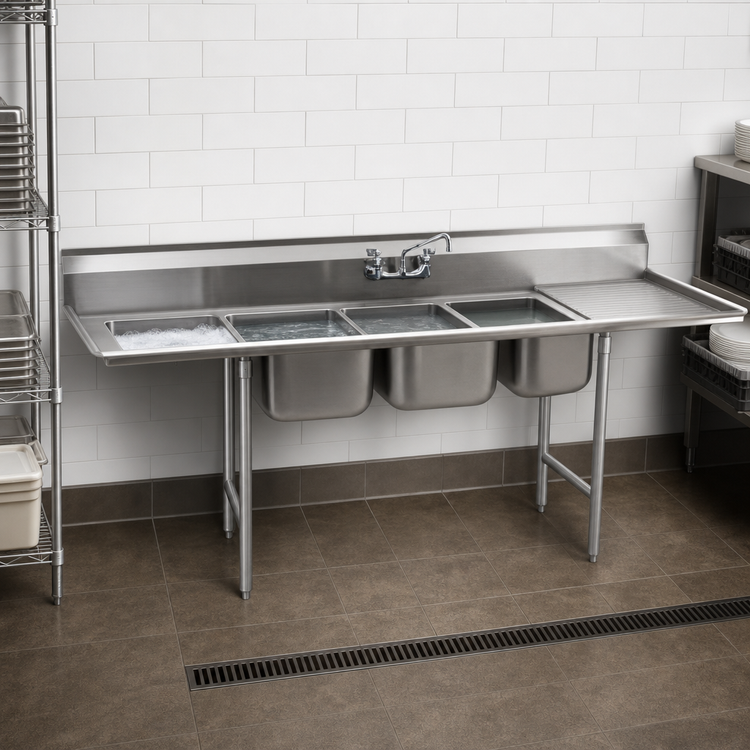 Product image #3 for Eagle Group 412 Series 3-Compartment Sink with Right-Hand Drainboard, 430 Stainless Steel, 80-3/8 Inch Wide