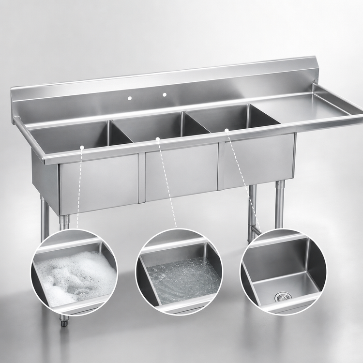 Product image #3 for Advance Tabco Special Value Series Fabricated 3-Compartment Sink with Right Drainboard, 15 Inches x 15 Inches x 12 Inches Bowls, 304 Stainless Steel