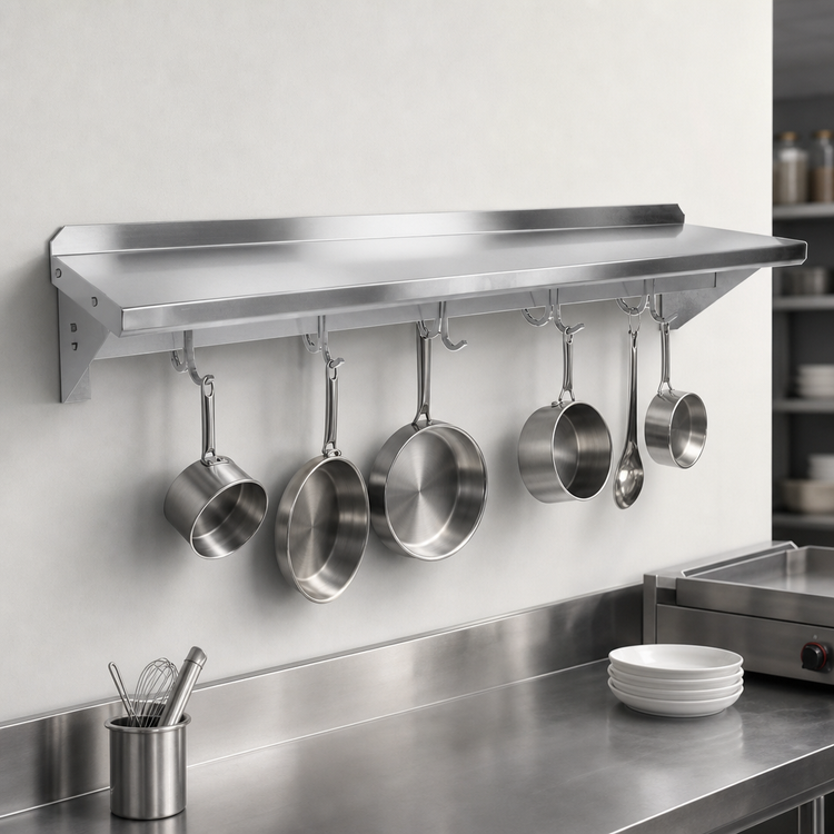 Product image #3 for John Boos Stallion Wall-Mount Stainless Steel Pot Rack Shelf with 10 Hooks, 120 x 18 x 13 Inches