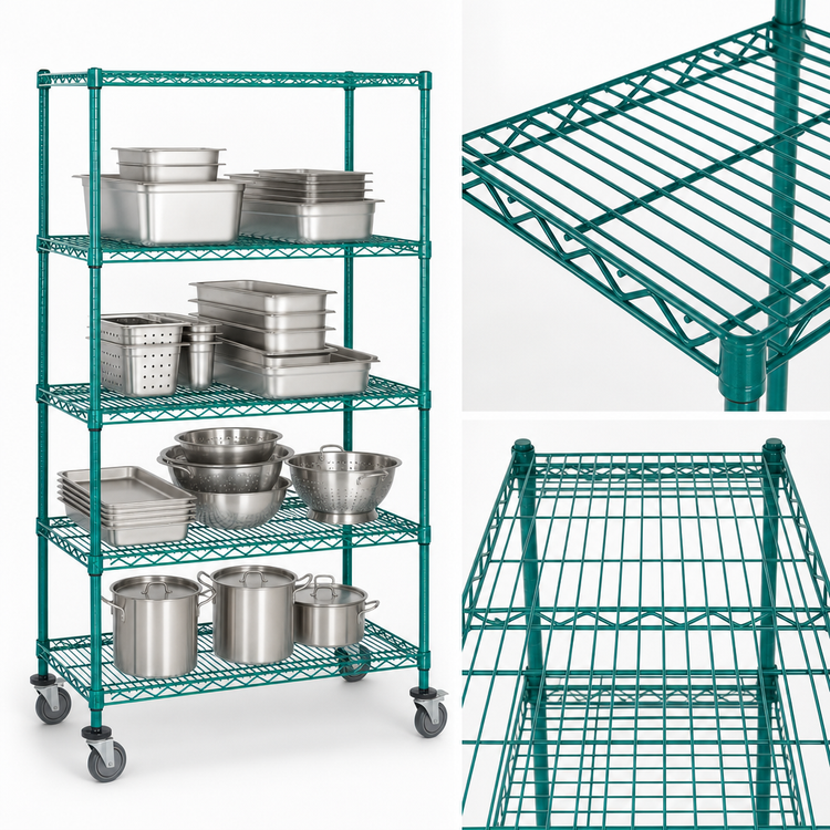 Product image #3 for Quantum 36 x 24 x 69 Inch 4-Shelf Mobile Wire Shelving Cart with Green Epoxy Antimicrobial Coating
