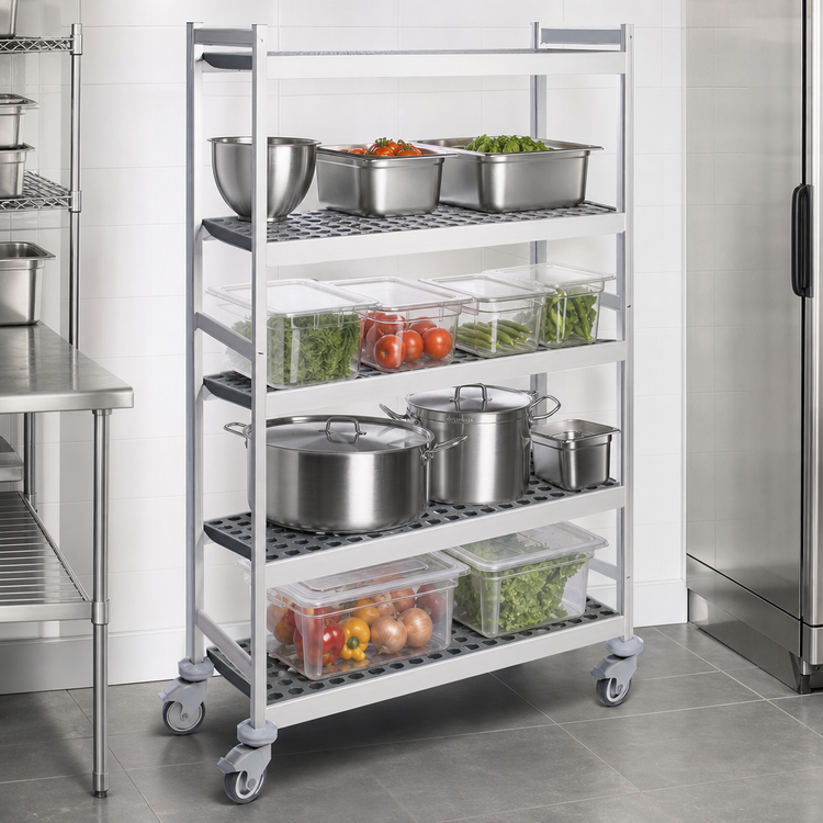 Product image #3 for Fermostock 4-Tier Mobile Shelving Unit with Removable Polymer Inserts, 68 Inch W x 18 Inch D x 71 Inch H