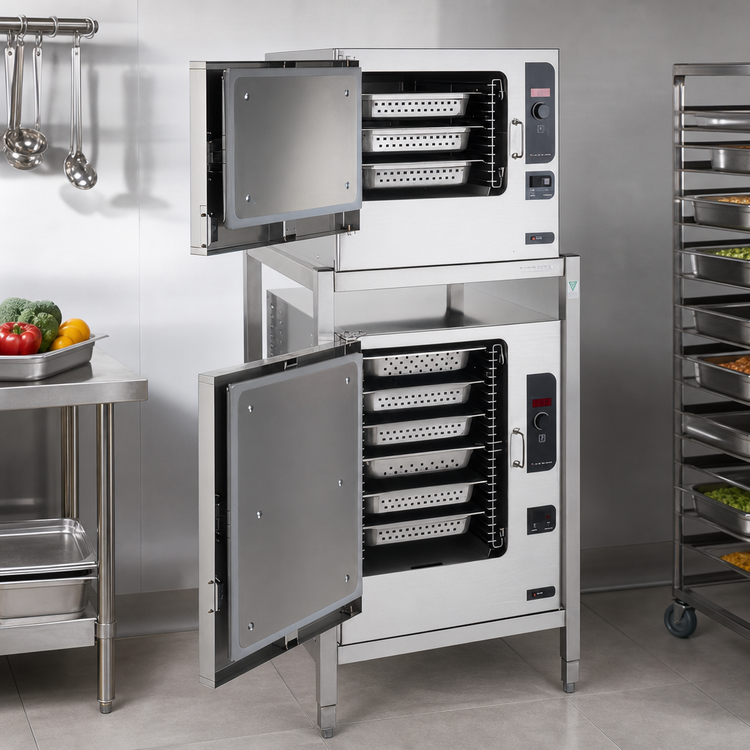 Product image #3 for SteamChef Double-Stacked Boilerless Electric Convection Steamer with Stand, 3- and 6-Pan Compartments