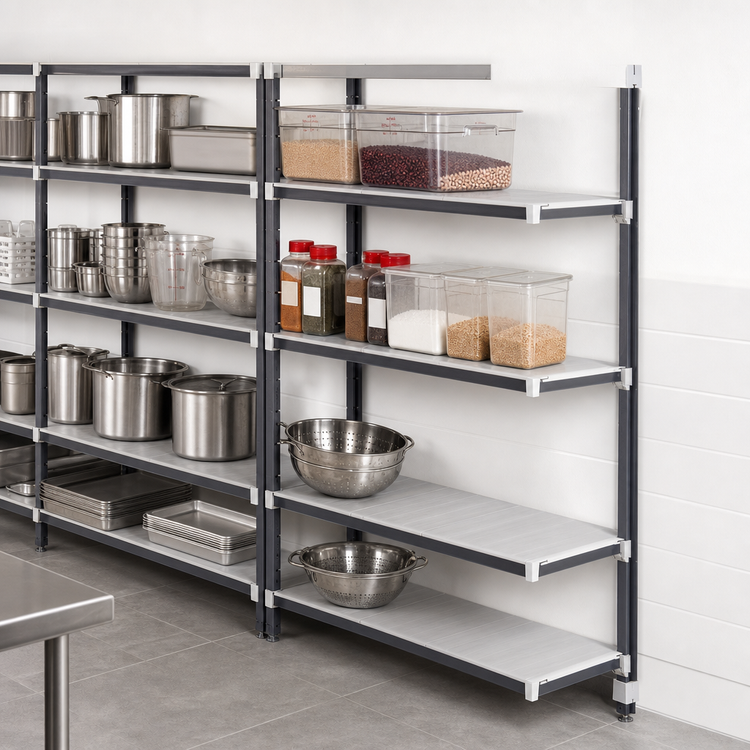 Product image #3 for Cambro Camshelving Elements XTRA 4-Tier Stationary Add-On Solid Polymer Shelving Unit, 24W x 24D x 72H, Speckled Gray