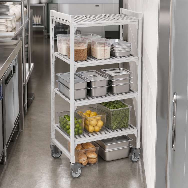 Product image #4 for Cambro Camshelving Premium High Density 4-Shelf Vented Mobile Starter Unit, 24" D x 48" L x 75-1/4" H, Speckled Gray