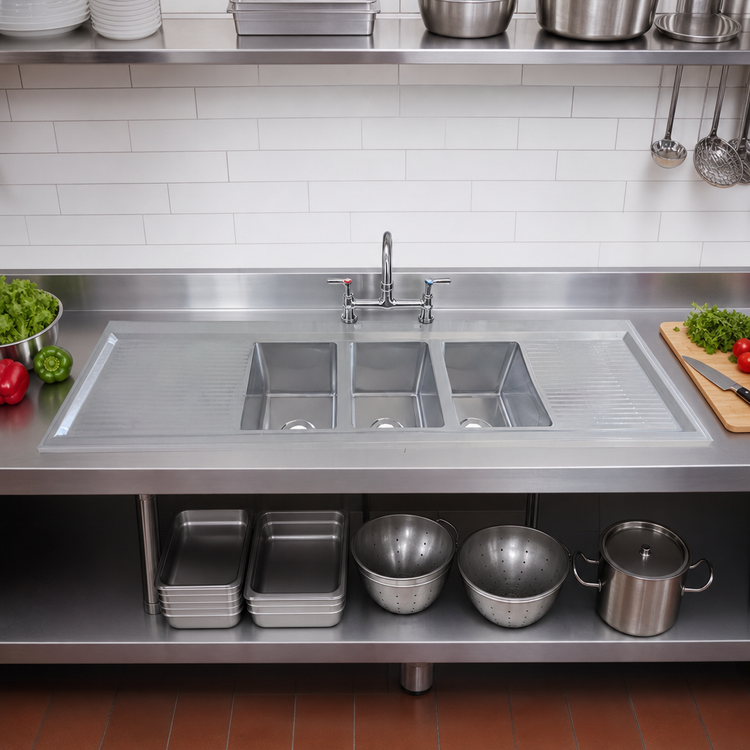 Product image #3 for Three-Compartment 10 in. x 14 in. Drop-In Sink with Double Drainboards and Lead-Free Faucet