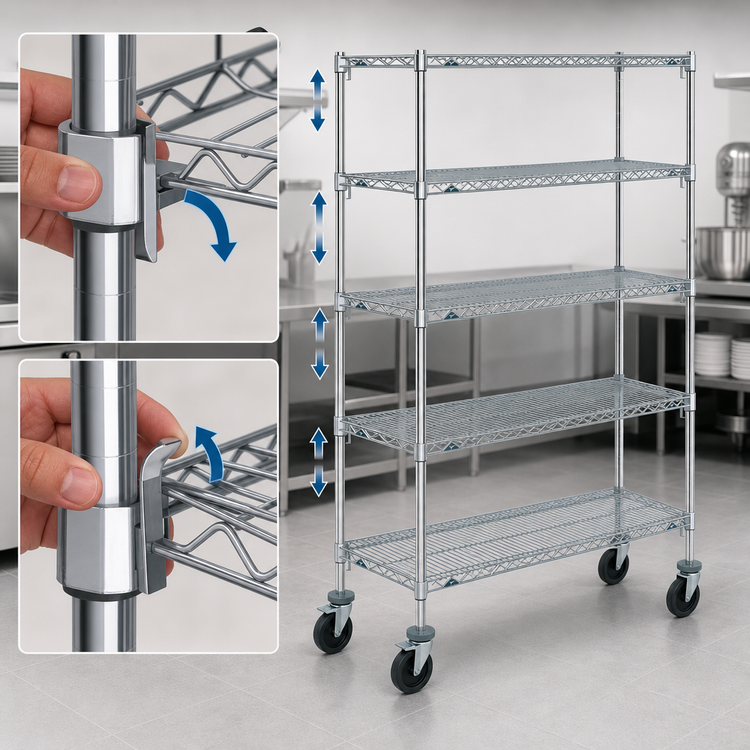 Product image #3 for Metro Super Erecta Super Adjustable Wire Stem Caster Cart, 36 x 18 x 67-7/8 Inches, 5 Shelves, Chrome Finish