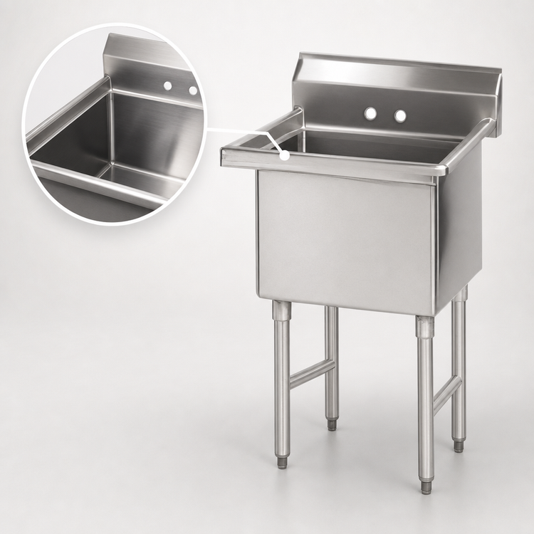 Product image #3 for Advance Tabco Special Value 1-Compartment Fabricated Sink with Legs, 24 x 24 x 14 Bowl, 304 Stainless Steel, No Drainboards