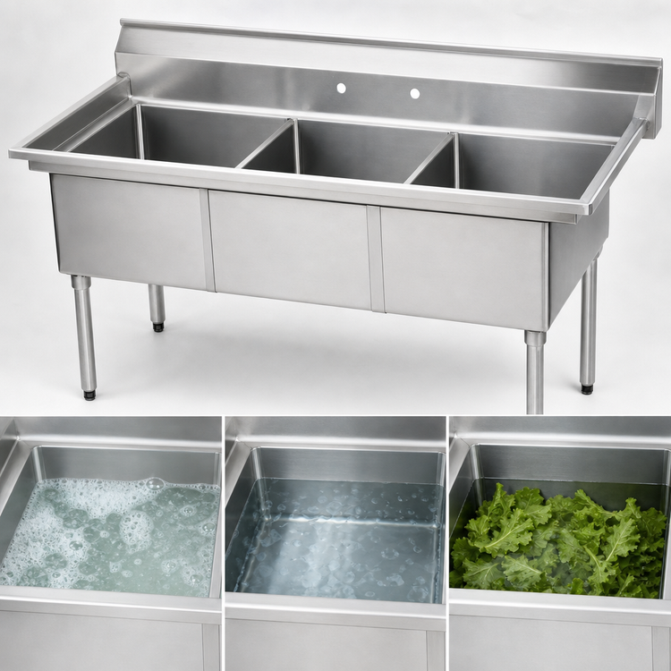 Product image #3 for Advance Tabco Special Value Series 3-Compartment Fabricated Sink with Legs, 16 x 20 x 12 Inch Bowls, No Drainboards