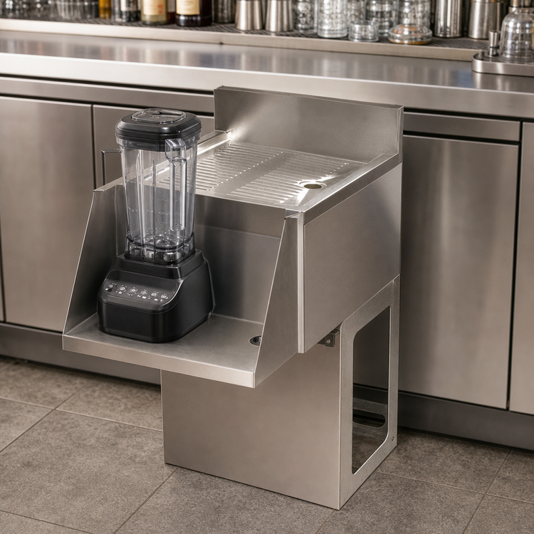 Product image #3 for BK Resources Freestanding Underbar Mixing Station with Drainboard and Add-On Blender Shelf, 12 x 21-1/4-Inch, Pedestal Base