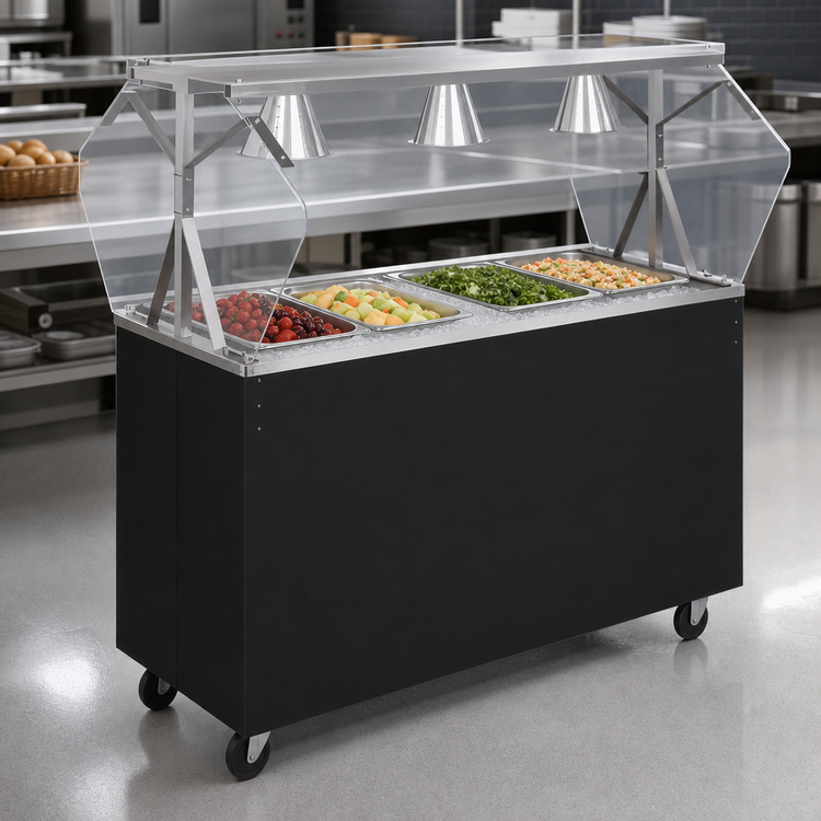 Product image #3 for Vollrath 2-Series Affordable Portable 3-Pan Non-Refrigerated Mobile Cold Food Station with Buffet-Style Acrylic Breath Guard, 46-Inch Black Solid Base