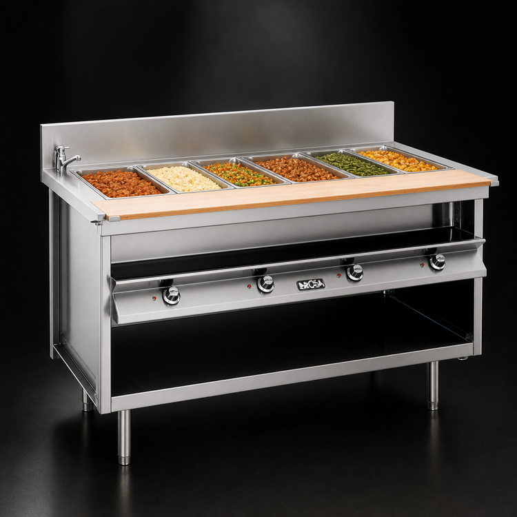 Product image #3 for La Rosa 86-Inch Electric Hot Food Table with (6) 12 in. x 20 in. Wet/Dry Wells, Open Cabinet Base and Faucet