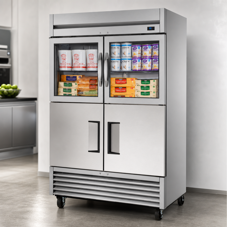 Product image #3 for True Two-Section Self-Contained Reach-In Refrigerator with 2 Glass and 2 Stainless Steel Half Doors