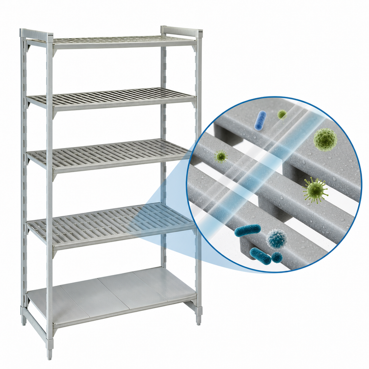 Product image #4 for Cambro Camshelving Premium 5-Shelf Stationary Starter Unit, 18" x 48" x 84", Vented and Solid Polypropylene Shelving, Speckled Gray