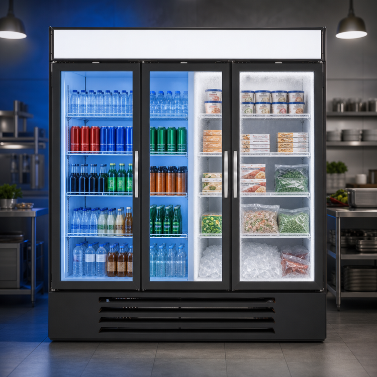 Product image #4 for Beverage Air MarketMax Three-Section Dual Temp Reach-In Glass Door Merchandiser Refrigerator/Freezer