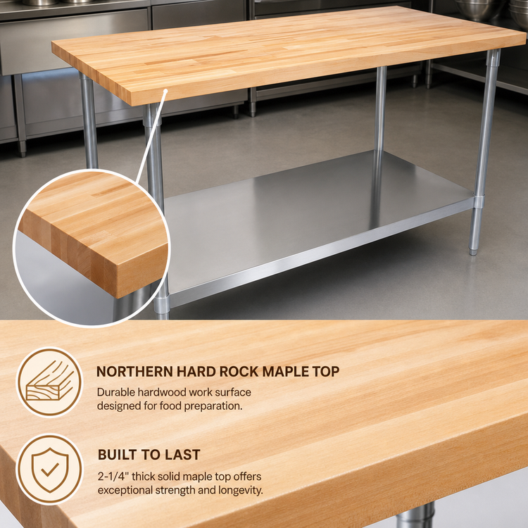 Product image #3 for John Boos TNS03 60" x 24" Wood Top Work Table with 2-1/4" Thick Northern Hard Rock Maple Top and Stainless Steel Undershelf