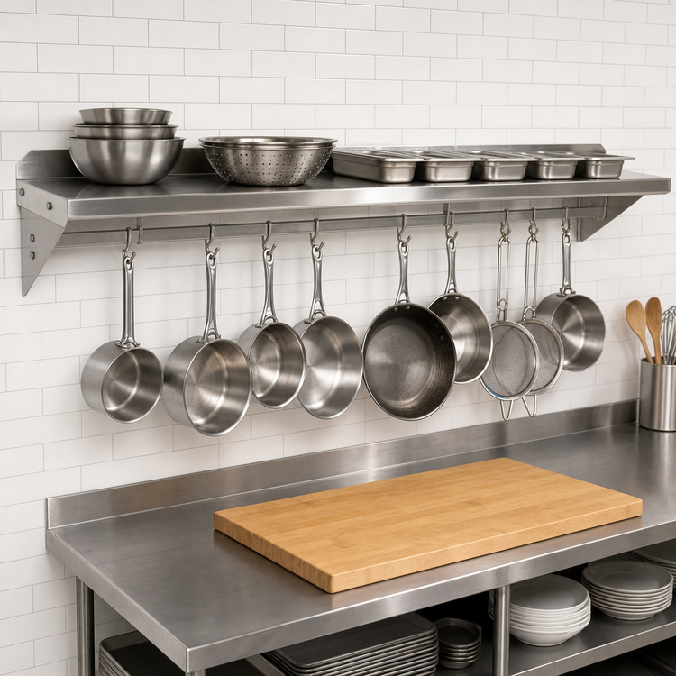 Product image #3 for John Boos Stallion 144-Inch x 12-Inch Wall-Mounted Stainless Steel Wall Shelf with Pot Rack
