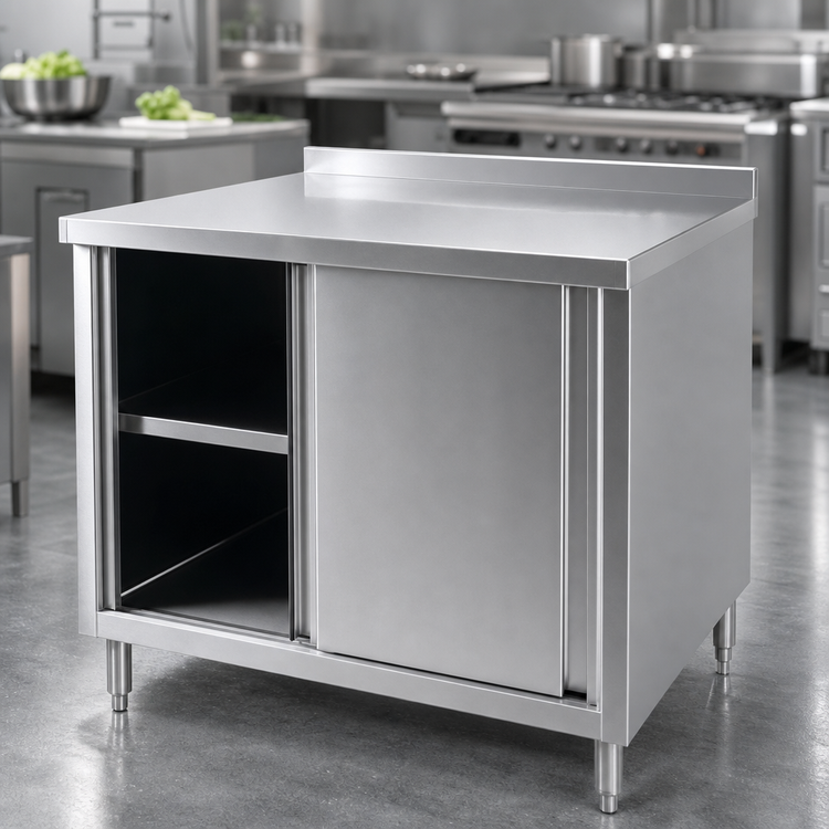 Product image #3 for 60 Inch x 30 Inch Stainless Steel Enclosed Work Table with Sliding Doors, Rear Up-Turn, and Middle Shelf