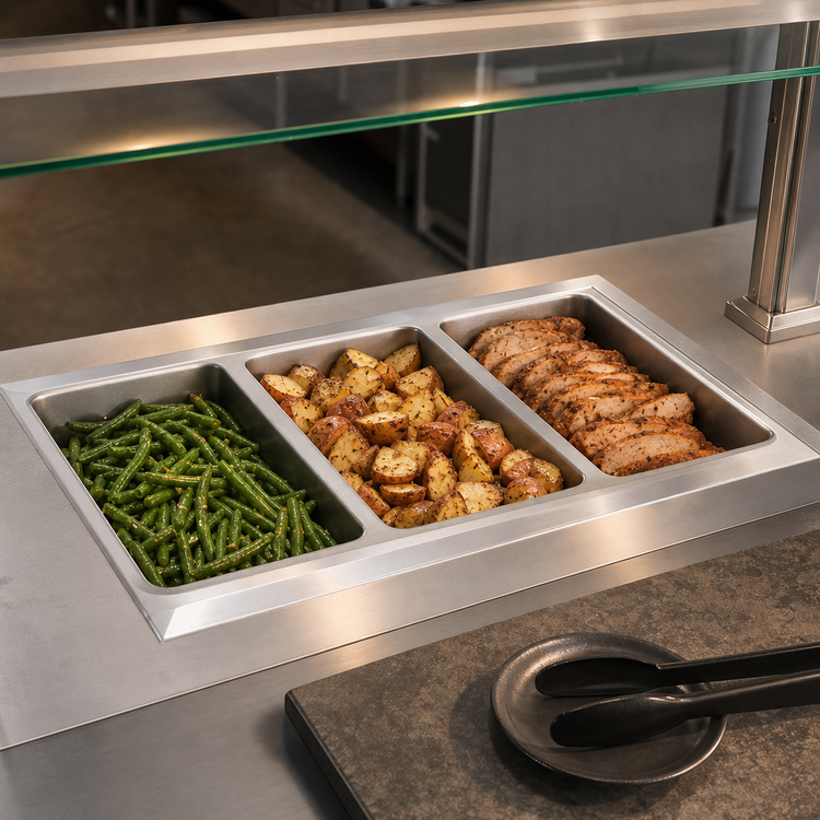 Product image #3 for Vollrath Short-Sided 3-Pan Drop-In Hot Well with Manifold Drain and Autofill, Thermostatic, 120V