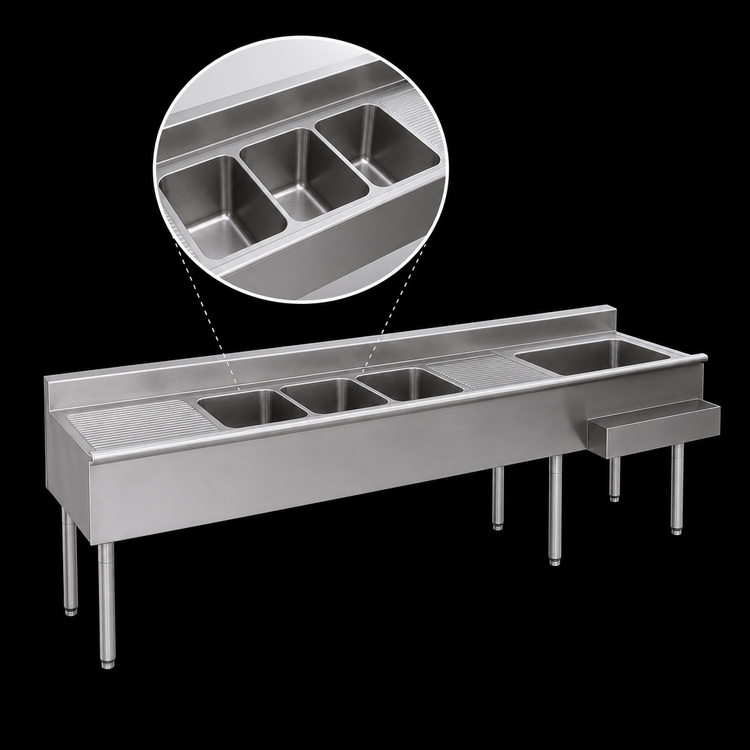 Product image #3 for Eagle Group 1800 Series 96-Inch Underbar Combination Unit with 3 Sink Bowls, Drainboards and 24-Inch Ice Bin