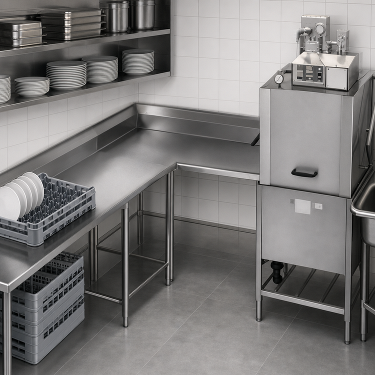 Product image #3 for Eagle Group Left-Hand Clean Corner Dishtable, 96-Inch Machine-to-Corner x 60-Inch Corner-to-End, 30-Inch Working Depth, 16/304 Stainless Steel
