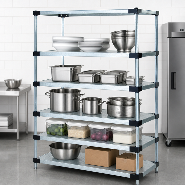 Product image #3 for Quantum Solid Shelving Starter Kit, 48"W x 21"D x 86"H, 5 Shelves, Galvanized Steel, Chrome Posts