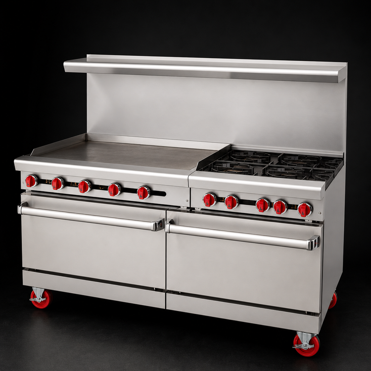 Product image #3 for American Range 60-Inch Gas Restaurant Range with 48-Inch Left Griddle, 2 Open Burners, and 2 Standard Ovens
