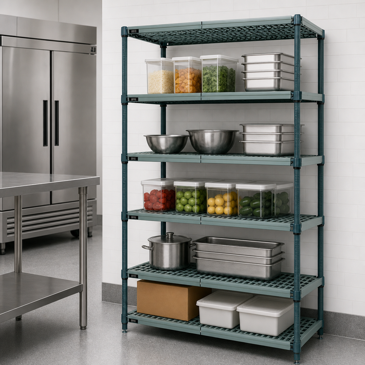 Product image #3 for Quantum Stationary 5-Tier Wire Plastic Mat Shelving Unit, 48 x 24 x 74 Inches, Green Epoxy Antimicrobial Coating