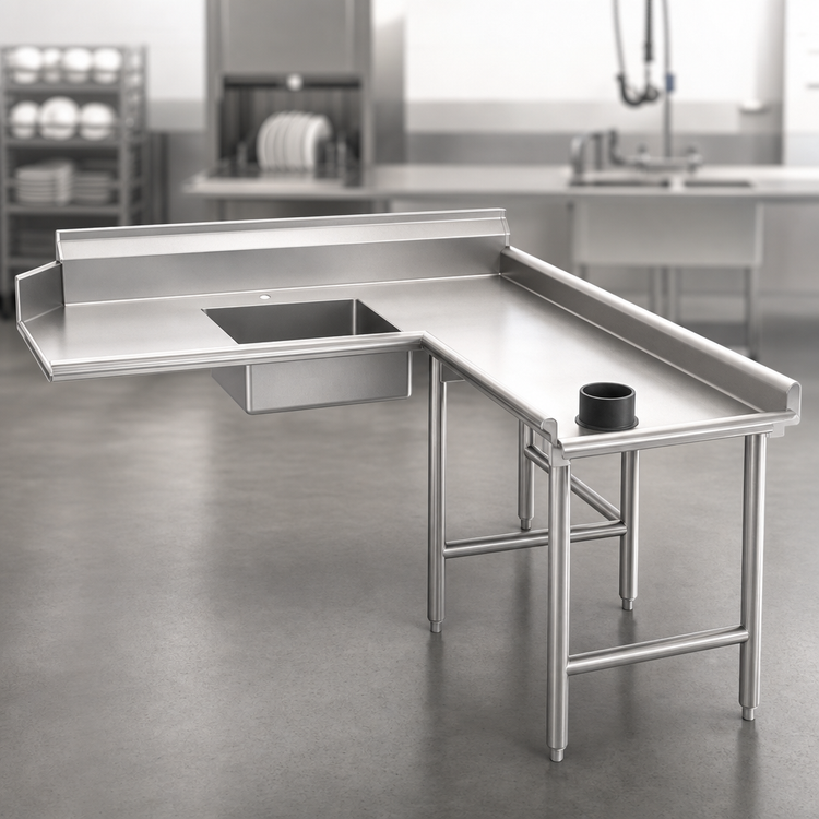 Product image #3 for Eagle Group Left-Hand Island Soiled Dishtable with Pre-Rinse Sink, 96-Inch Machine-to-Corner, 60-Inch End, 16-Gauge 304 Stainless Steel