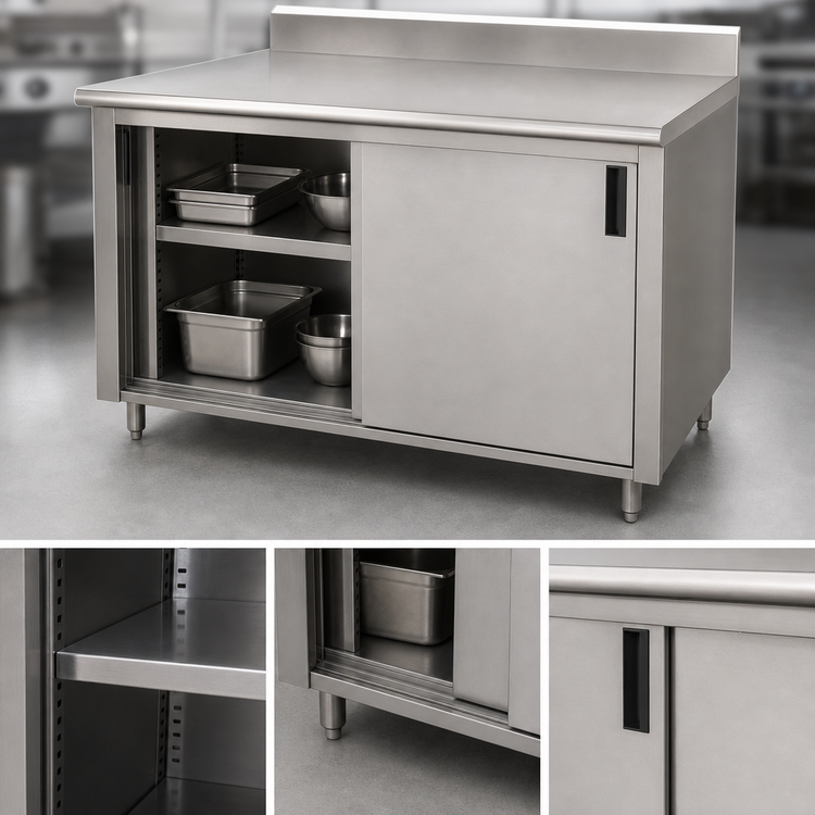 Product image #3 for Advance Tabco Enclosed Work Table with Cabinet Base, Mid-Shelf and Sliding Doors