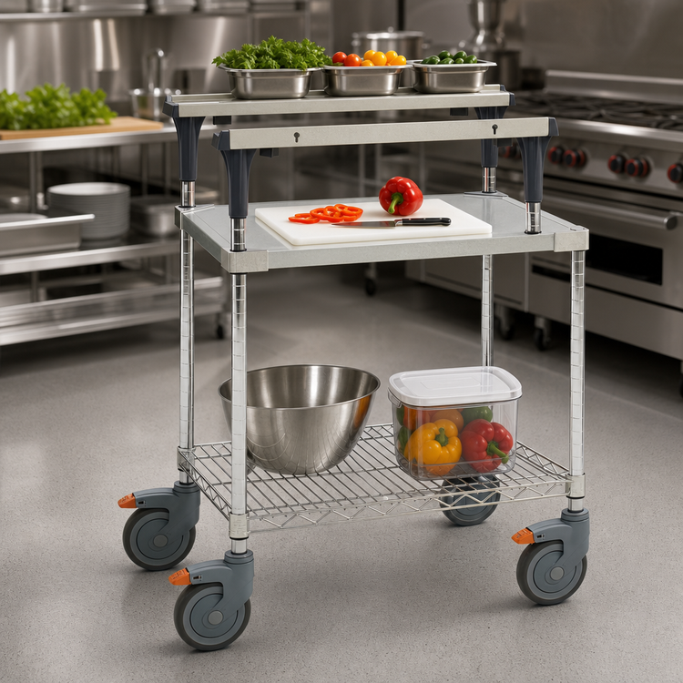 Product image #3 for Metro PrepMate MultiStation Mobile Prep Cart with 18 x 24 Solid Galvanized Shelf and Brite Zinc Wire Shelf