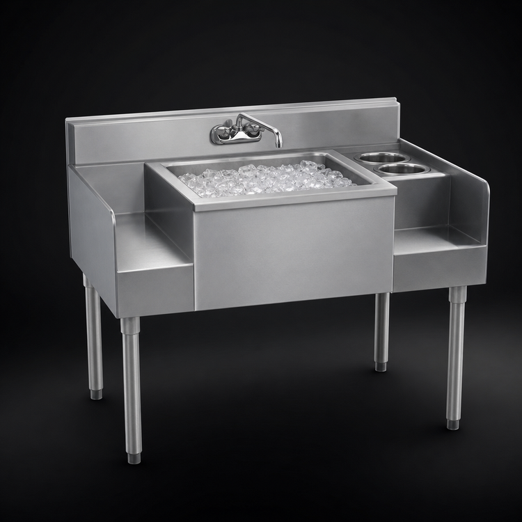 Product image #3 for Eagle Group 1800 Series Underbar Ice Bin/Cocktail Station with Center Ice Bin, Blender Recess, and Bottle Wells, 50" W x 20" D