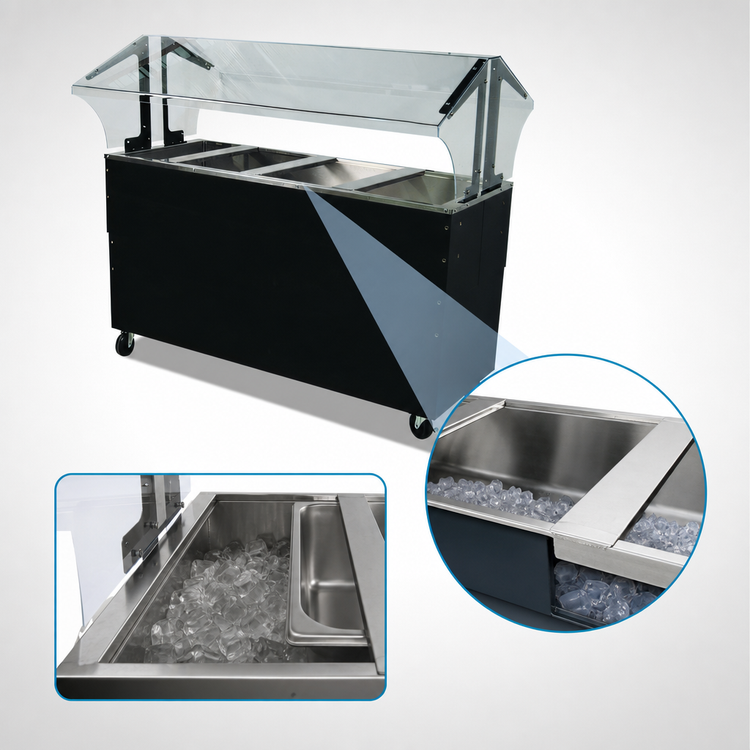 Product image #3 for Advance Tabco Triumph Supreme Ice-Cooled Portable 4-Pan Food Buffet Table with Double-Sided Sneeze Guard, Enclosed Base, and Black Vinyl-Clad Finish