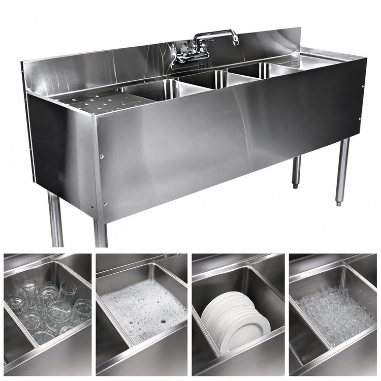 Product image #3 for CHOICE by Glastender Four-Compartment Underbar Sink Unit, 72-Inch Wide x 19-Inch Deep, Stainless Steel