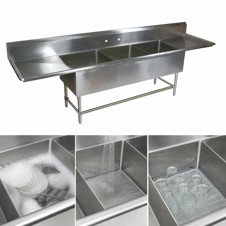 Product image #3 for John Boos Pro-Bowl 3-Compartment Sink with Left and Right Drainboards, 14-Gauge 300-Series Stainless Steel, 111-1/4 Inch Wide