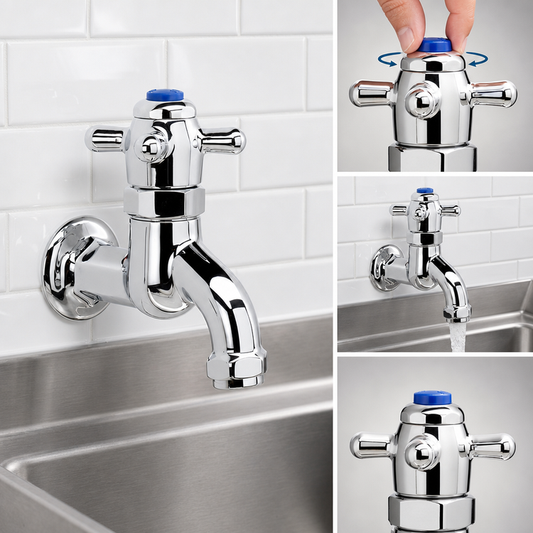 Product image #3 for Krowne Royal Series Self-Closing Metering Lavatory Faucet, Wall-Mount, Fixed Spout, Brass